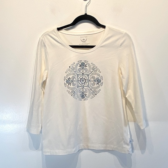 Chico’s Zenergy Women's Top Size 1 US M Cream Soft Knit 3/4 Sleeve Embellished - Picture 1 of 7